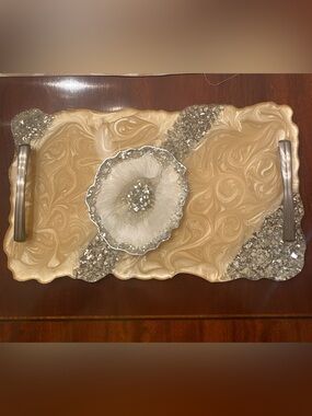 Custom  Unique Handmade  Gold Swirl Vanity Tray with Silver Geode Accent Pewter